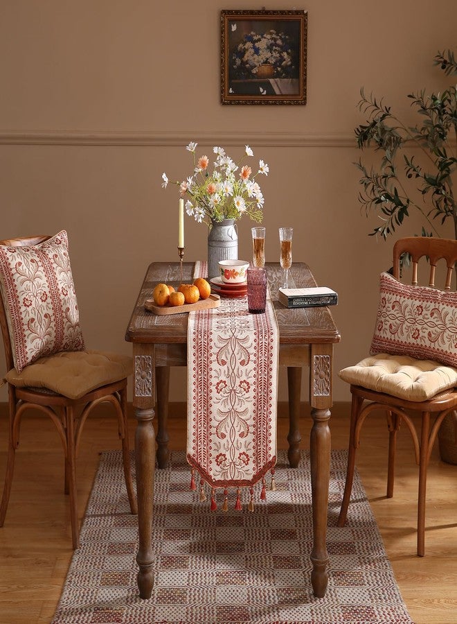 ISAENNE Designer Elegant Linen Table Runner 71 Inches, Vintage Red Floral Pattern Table Runners for Dining Tables,Decoration for Kitchen,Parties,Thanksgiving,Christmas,New Year,12"x71" - Image 3