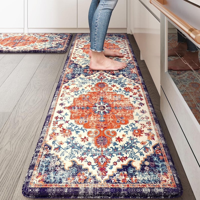 KIMODE Anti Fatigue Kitchen Mat, Boho Distressed Kitchen Rugs Sets of 2, Kitchen Floor Mats Non Slip Cushioned, Waterproof Standing Mat for Laundry, Office, Sink, Desk, Orange/Purple - Image 1