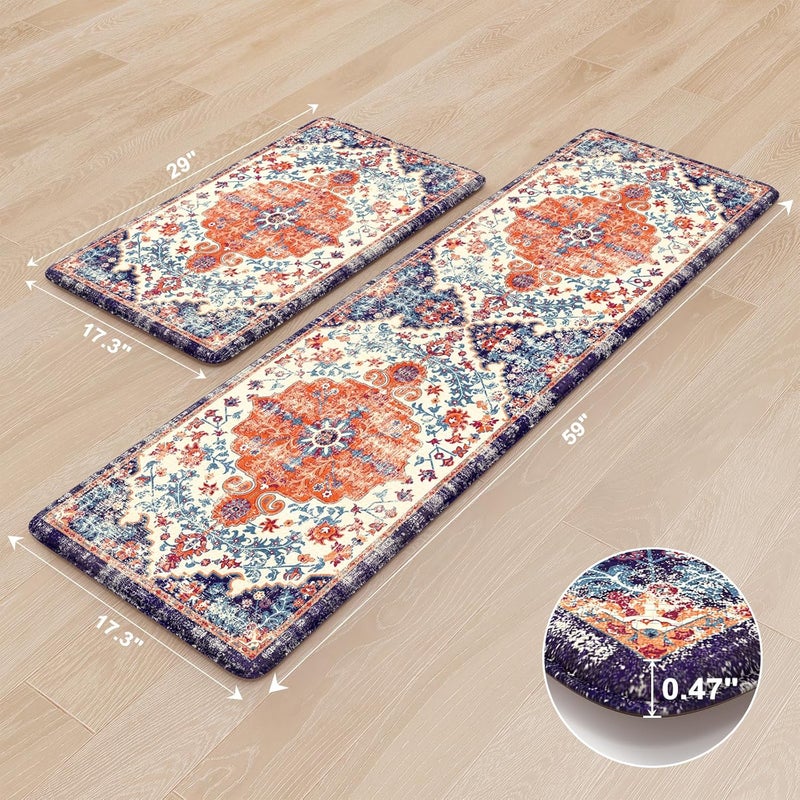 KIMODE Anti Fatigue Kitchen Mat, Boho Distressed Kitchen Rugs Sets of 2, Kitchen Floor Mats Non Slip Cushioned, Waterproof Standing Mat for Laundry, Office, Sink, Desk, Orange/Purple - Image 3