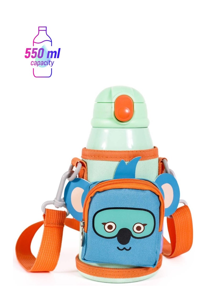 Milk & Moo MILK&MOO Jungle Friends Steel Kids Water Bottle with Bag, Leakproof, BPA Free, Eco Friendly, Fun and Colorful Design, for School - Travel - Outdoor Adventures, 550 ml - 18.5 oz  - Image 1