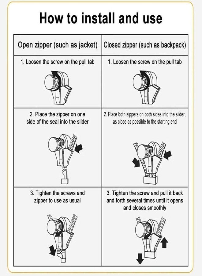 ZIVIK Zipper Repair Kit, Instant Zipper Sliders with Nylon Pull Tabs Cords, 3 Sizes Replacement Plastic Zipper Pull for Sliding Teeth, Universal Screw Fix Removable Zippers for Bags, Color - Black (Pack Of 5, Large) - Image 4