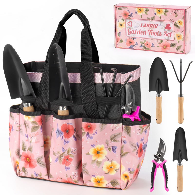 LANNIU Pink Gardening Tools, Garden Tool Set for Women,5 Piece Womens Gardening Kit with Floral Garden Bag,Gifts for Wife (5-Piece Pink) - Image 1