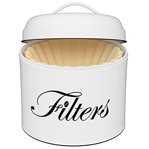 CORTNK Coffee Filter Holder, White Basket Coffee Filter Storage with Lid, Round CoffeeFilter Container for Counter, Rustic Farmhouse Coffee Bar Accessories Decor (White) - Image 1