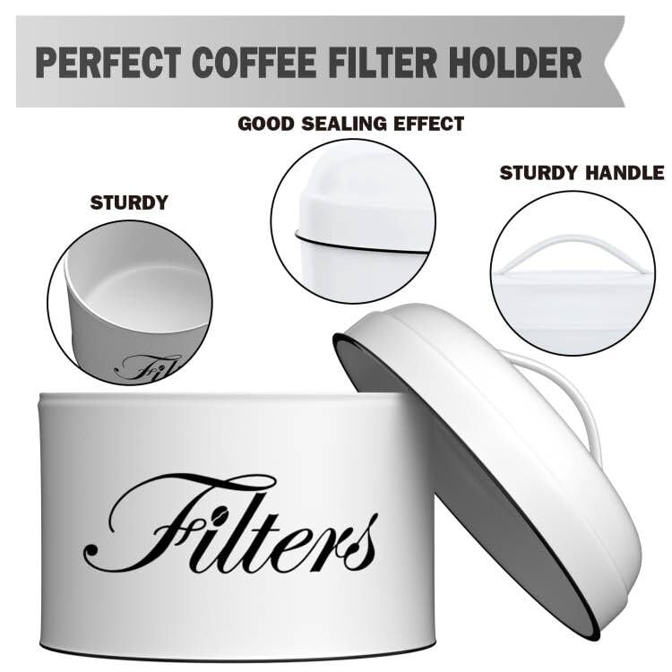 CORTNK Coffee Filter Holder, White Basket Coffee Filter Storage with Lid, Round CoffeeFilter Container for Counter, Rustic Farmhouse Coffee Bar Accessories Decor (White) - Image 2