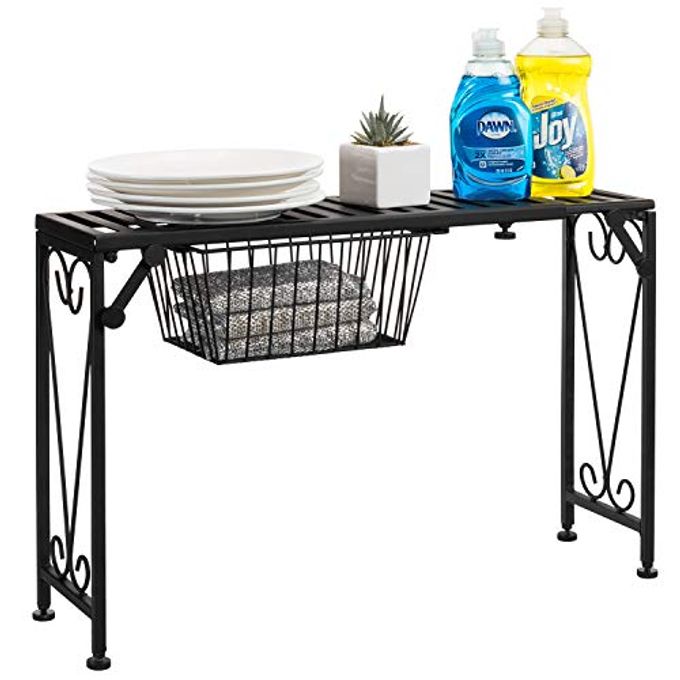 MyGift Black Metal Over the Sink Organizer Shelf with Pull Out Drawer, Expandable Kitchen Caddy Rack, Bathroom Storage Shelf Riser with Scrollwork Design