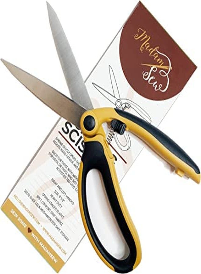Madam Sew Spring Loaded Scissors | Premium 9.5" Fabric Shears with Precision Blades, Slide Lock, and Anti-Slip Grips | Ideal for Right or Left Hand Sewing | Heavy-Duty All-Purpose Craft Scissors - Image 1