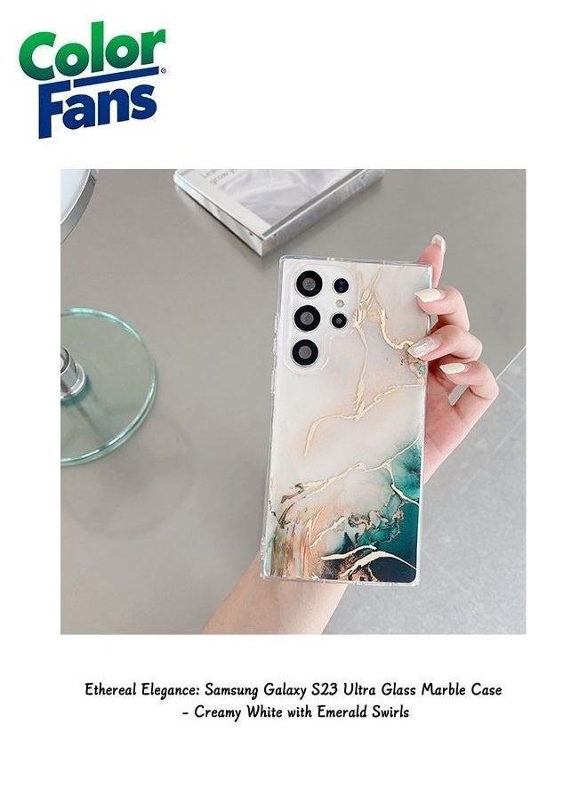 Color Fans Ethereal Elegance: Samsung Galaxy S23 Ultra Glass Marble Case - Creamy White with Emerald Swirls 