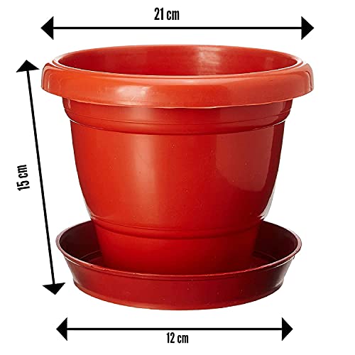 Maanit Combo – Pot & Dripping Tray, Terracotta Color Plastic pots | Dripping Tray – 4”, Pot – 8”, Brown, Pack of 3 Sets - Image 3