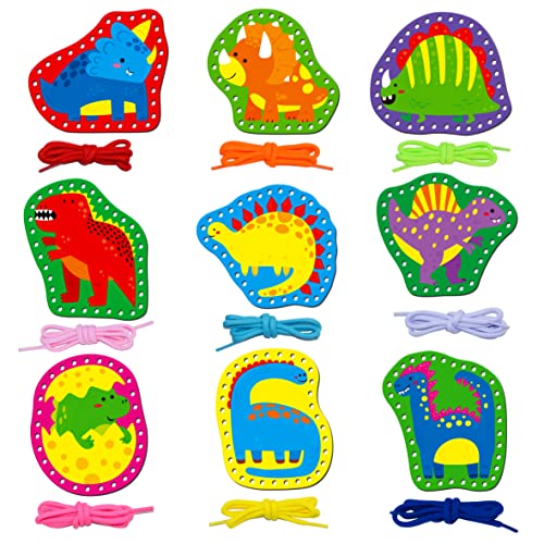 SpriteGru 9 Pieces Kids Lacing Cards Double Sided Sewing Cards in 9 Dinosaurs with 9 Colorful Laces Imagination Development Lacing Toys Games for Children Educational and Learning Activity - Image 1
