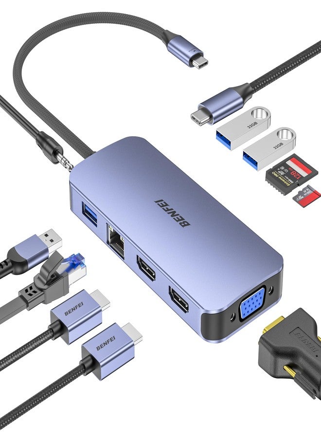 بنفي موزع USB-C متعدد الوظائف من BENFEI، 11 في 1، محطة إرساء ثلاثية الشاشات، منفذي HDMI، منفذ VGA، 3 منافذ USB 3.0، منفذ إيثرنت بسرعة 1 جيجابت في الثانية، توصيل طاقة بقدرة 100 واط، قارئ بطاقات SD/TF، منفذ صوت AUX مقاس 3.5 ملم. متوافق مع أجهزة MacBook وXPS وSurface. - Image 1