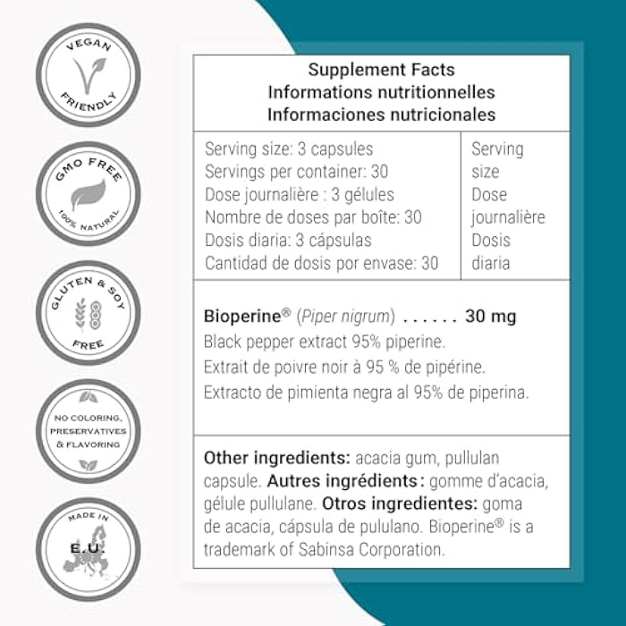 SuperSmart Bioperine 30mg per Day (95% Piperine) - Black Pepper Extract Supplement - Absorption Enhancer - Digestive Enzymes Support | Non-GMO & Gluten Free - 90 Vegetarian Capsules - Image 4