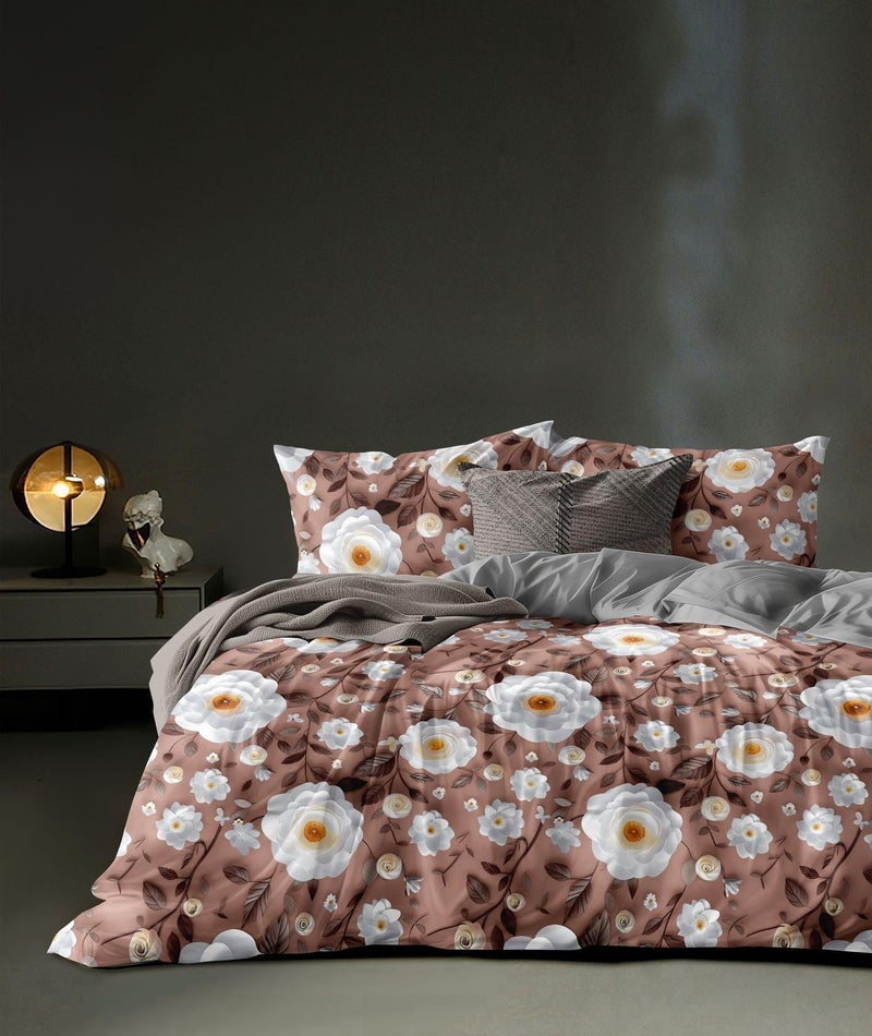 LOOMLYFE 300 TC Microfiber XXL Soft Cotton Super King Size Bedsheet for Double Bed, King Size 108 Inches X 108 Inches, 9 Feet, 275 X 275 cm with 2 Large Size Pillow Covers - BrownWhiteFlower - Image 2