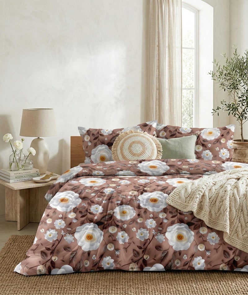 LOOMLYFE 300 TC Microfiber XXL Soft Cotton Super King Size Bedsheet for Double Bed, King Size 108 Inches X 108 Inches, 9 Feet, 275 X 275 cm with 2 Large Size Pillow Covers - BrownWhiteFlower - Image 1