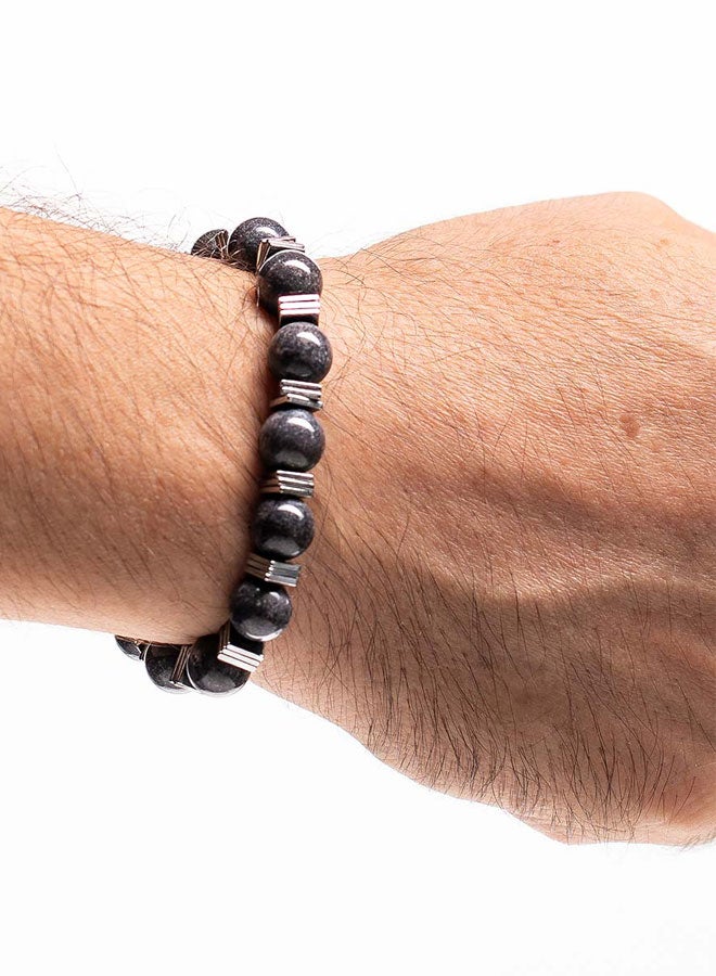 CHRYSOSTOMOS Handmade Beaded Bracelet for Men with Larvikite and Flat Squared Hematite - Image 3