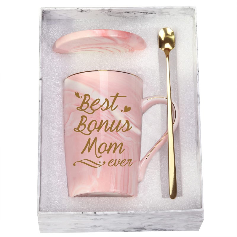 Best Bonus Mom Ever Coffee Mug Birthday and Mothers Day Gift from Daughter Son Kids 14 Ounce Pink With Gift Box Spoon Coaster