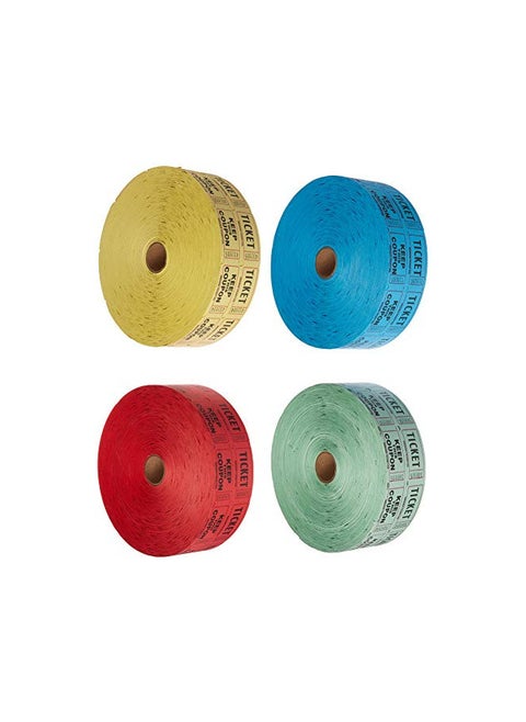 Raffle Tickets - (4 Rolls of 2000 Double Tickets) 8,000 Total 50/50 Raffle Tickets (Blue/Green/Red/Yellow)
