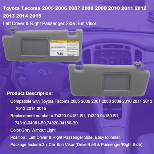 NHILES Left Driver & Right Passenger Side Sun Visors Compatible with Toyota Tacoma 2005-2012 Without Light #74320-04181-B1 74320-04180-B1 74320-04181-B1 74320-04180-B0 Grey - Image 2