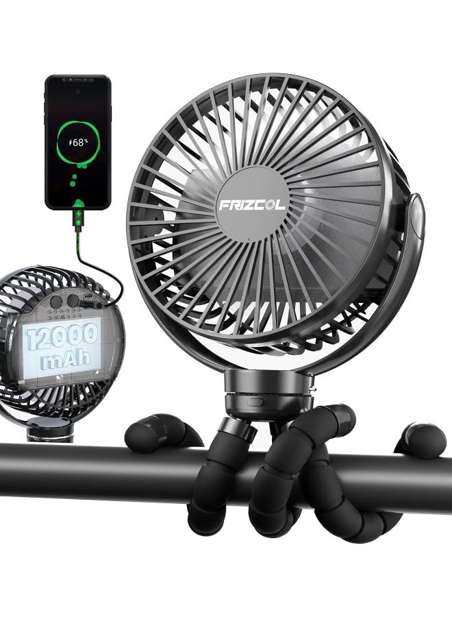 FRIZCOL Portable Stroller Fan, Use As Power Bank, 65H 12000mAh Battery Operated Fan Flexible Tripod Baby Car Seat Fans with Timming, Personal Mini Handheld/Desk/Small Clip On Fans For Stroller - Image 1