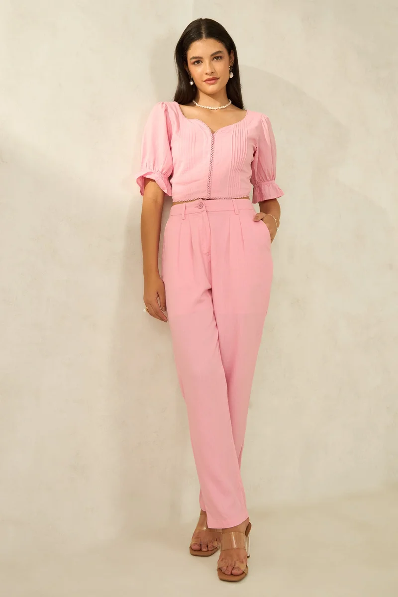 فيرجيو Solid Linen Straight Fit Pleated Trousers for Women