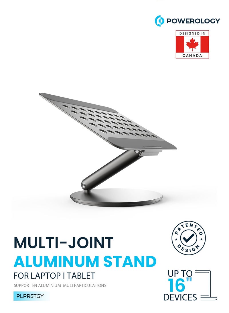 Powerology Rotatable Aluminum Desktop Stand for Laptop 16" with Wide Silicone Pad / Rotating Base / for Laptop & Tablet / Aluminum Material / Foldable Design - Dark Grey  - Image 1