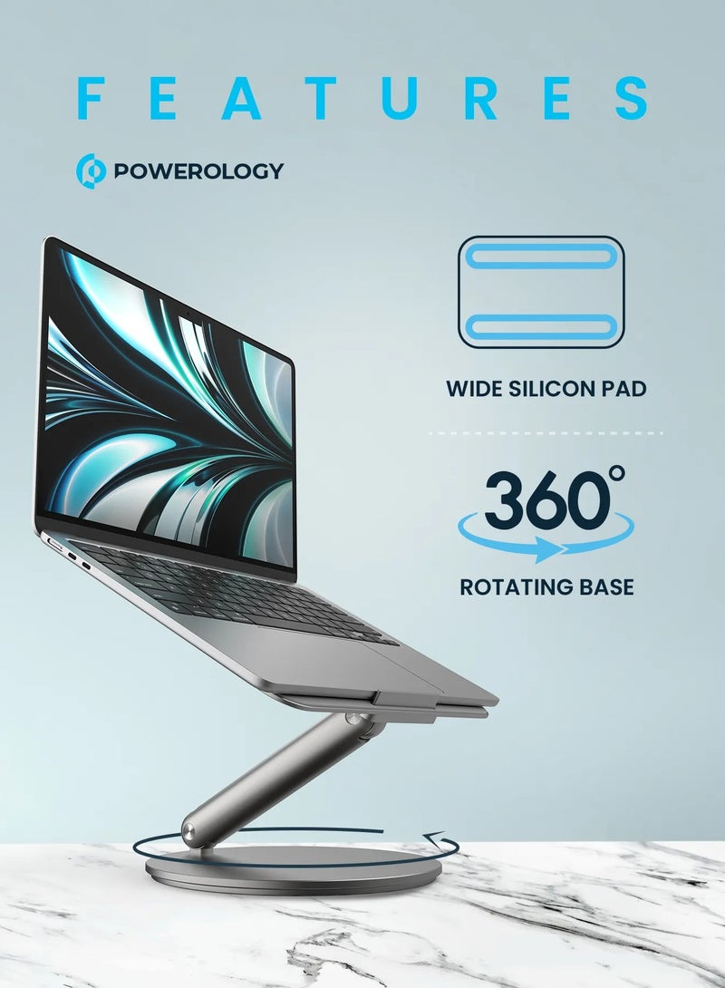 Powerology Rotatable Aluminum Desktop Stand for Laptop 16" with Wide Silicone Pad / Rotating Base / for Laptop & Tablet / Aluminum Material / Foldable Design - Dark Grey  - Image 2
