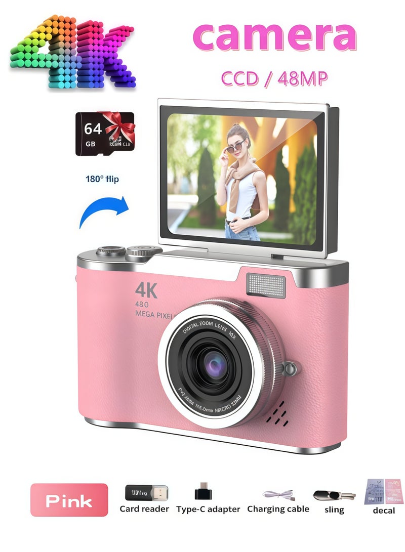 Generic 4K CCD Digital Zoom Student Camera 48MP Portable Selfie God 180 ° Flip Screen+64G SD Card Free Gift  - Image 1