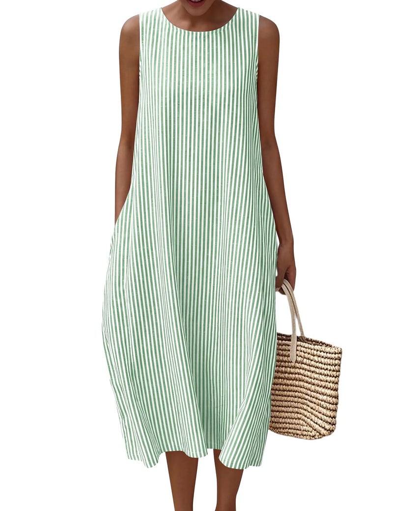 LOMON Women's Striped Maxi Dresses Crewneck Sleeveless Cotton Long Dress Beach Vacation Resort Sundresses with Pockets - Image 1