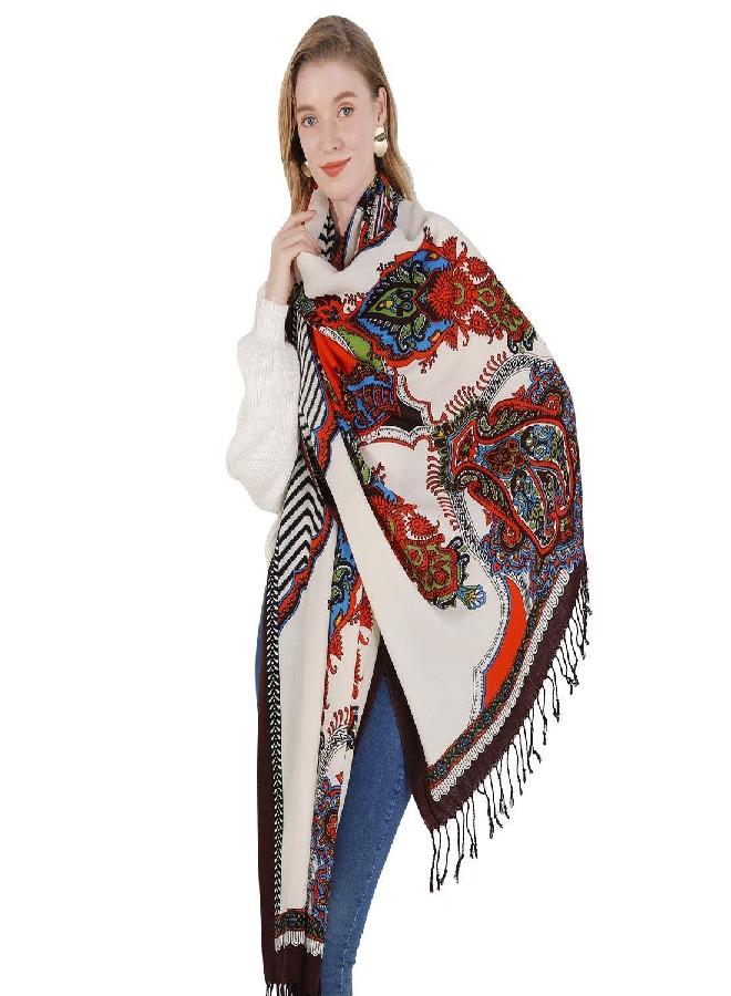 DANA XU DANA XU 100% Pure Merino Wool Extra Large Pashmina Cashmere Scarf Shawl And Wrap For Women Winter Oversized Floral Blanket  - Image 1