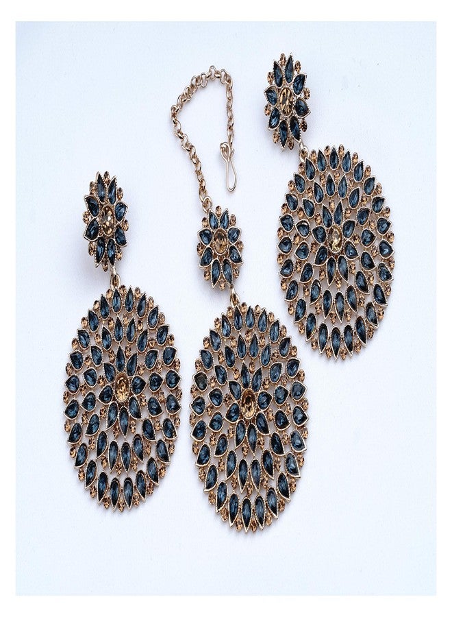 JFL - Jewellery for Less Gold Plated Stone and Diamond Studded Maang Tikka with Dangler Earrings for Women and Girls (Transparent Rama Blue),Valentine - Image 2