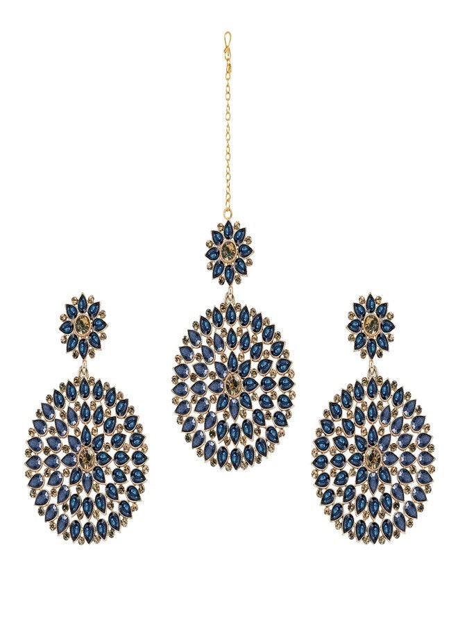 JFL - Jewellery for Less Gold Plated Stone and Diamond Studded Maang Tikka with Dangler Earrings for Women and Girls (Transparent Rama Blue),Valentine - Image 1