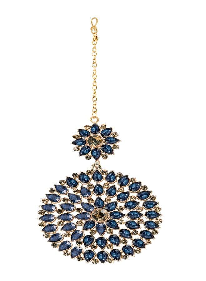 JFL - Jewellery for Less Gold Plated Stone and Diamond Studded Maang Tikka with Dangler Earrings for Women and Girls (Transparent Rama Blue),Valentine - Image 5