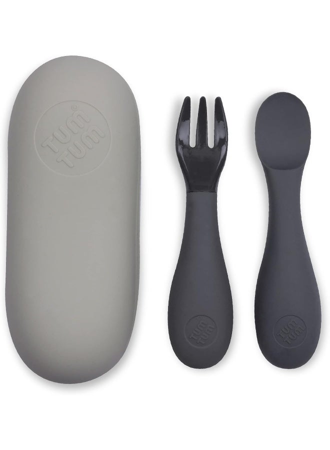 TUM TUM TUM TUM 6m+ Silicone Baby Feeding Set | Baby Spoon & Fork | Toddler Spoons Set for Baby Food | Kids Cutlery Set with Case for Lunch Box & Travel | Toddler Feeding Supplies | Grey - Image 1