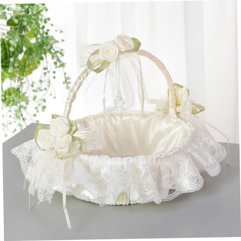 Wedding Flower Girl Basket Lace Fabric Handheld Bridesmaid Basket Milk White for Wedding Ceremony and Flower Petal Carrying - Image 4