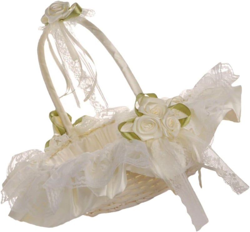 Wedding Flower Girl Basket Lace Fabric Handheld Bridesmaid Basket Milk White for Wedding Ceremony and Flower Petal Carrying - Image 1