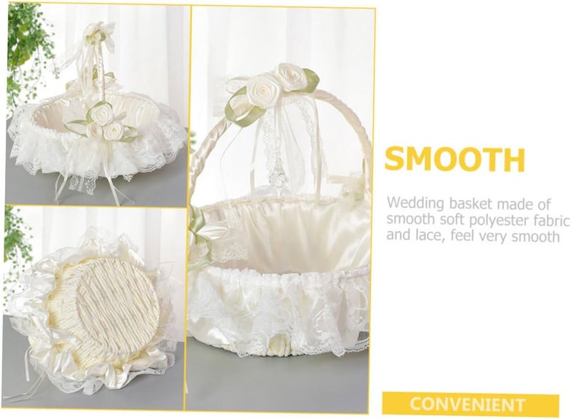 Wedding Flower Girl Basket Lace Fabric Handheld Bridesmaid Basket Milk White for Wedding Ceremony and Flower Petal Carrying - Image 3