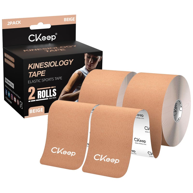 CKeep Kinesiology Tape, Uncut 2 Rolls, Original Cotton Elastic Premium Athletic Tape,Latex Free Hypoallergenic, 2inch x 16ft, Begie - Image 1