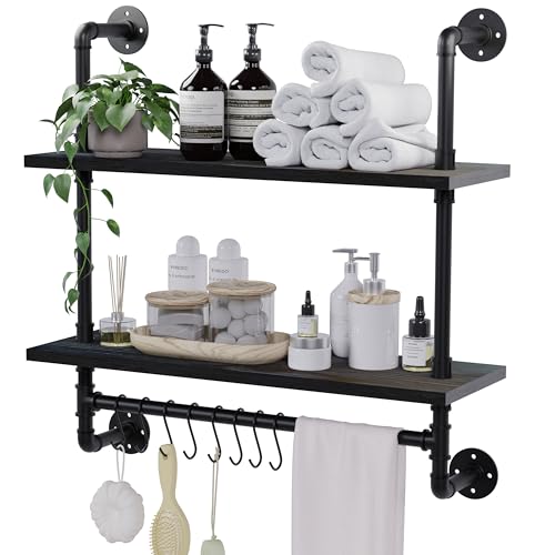 ROGMARS Industrial Pipe Bathroom Shelves Shelving,24" Black Floating Shelves for Bathroom with Towel Bar Hooks,Kitchen Wall Mounted Shelves Coffee Bar Shelf for Living Room Bedroom - Image 1