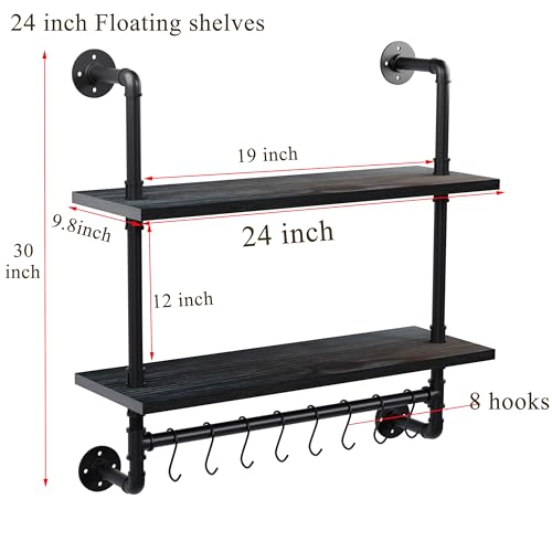 ROGMARS Industrial Pipe Bathroom Shelves Shelving,24" Black Floating Shelves for Bathroom with Towel Bar Hooks,Kitchen Wall Mounted Shelves Coffee Bar Shelf for Living Room Bedroom - Image 5