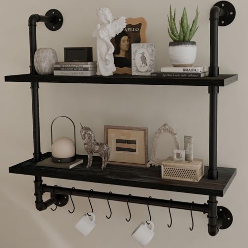 ROGMARS Industrial Pipe Bathroom Shelves Shelving,24" Black Floating Shelves for Bathroom with Towel Bar Hooks,Kitchen Wall Mounted Shelves Coffee Bar Shelf for Living Room Bedroom - Image 4