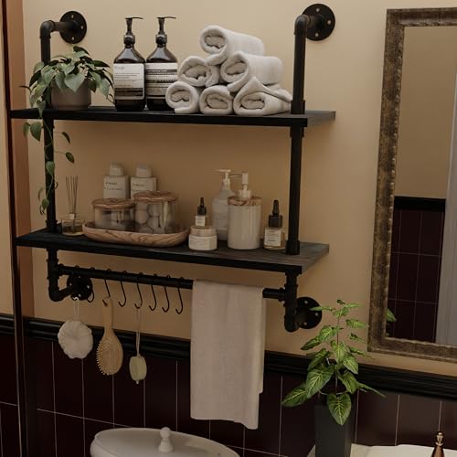 ROGMARS Industrial Pipe Bathroom Shelves Shelving,24" Black Floating Shelves for Bathroom with Towel Bar Hooks,Kitchen Wall Mounted Shelves Coffee Bar Shelf for Living Room Bedroom - Image 2