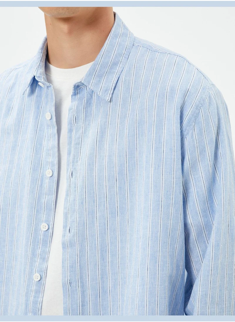 كوتون Linen Blend Shirt Classic Neck Long Sleeve
