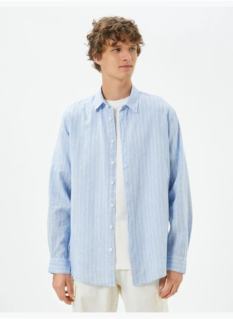 كوتون Linen Blend Shirt Classic Neck Long Sleeve