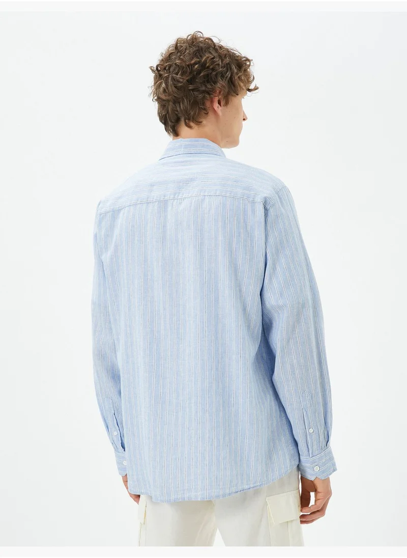 كوتون Linen Blend Shirt Classic Neck Long Sleeve