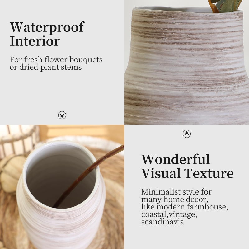 ALMA فازة ALMA بارتفاع 11 بوصة بلون الكريمة والبيج لتزيين غرفة المعيشة الحديثة، فازة كبيرة ذات فم واسع لباقة الزهور، فازات سيراميكية لطاولة لتزيين الغرفة بأسلوب بوهيمي، المزرعة الحديثة، الطراز الفرنسي الريفي - Image 4