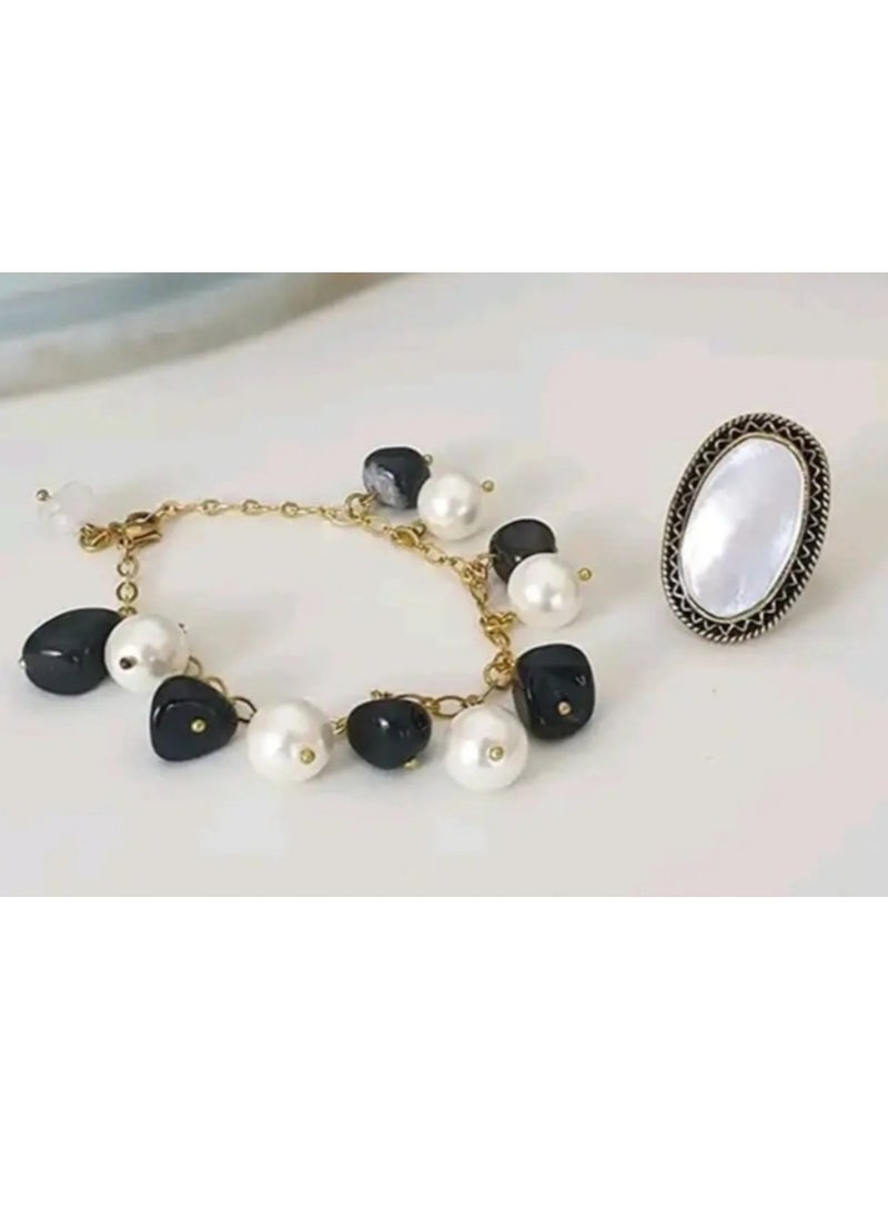 R&R A women's set made of broken agate, pearls, mother-of-pearl and copper - Image 2