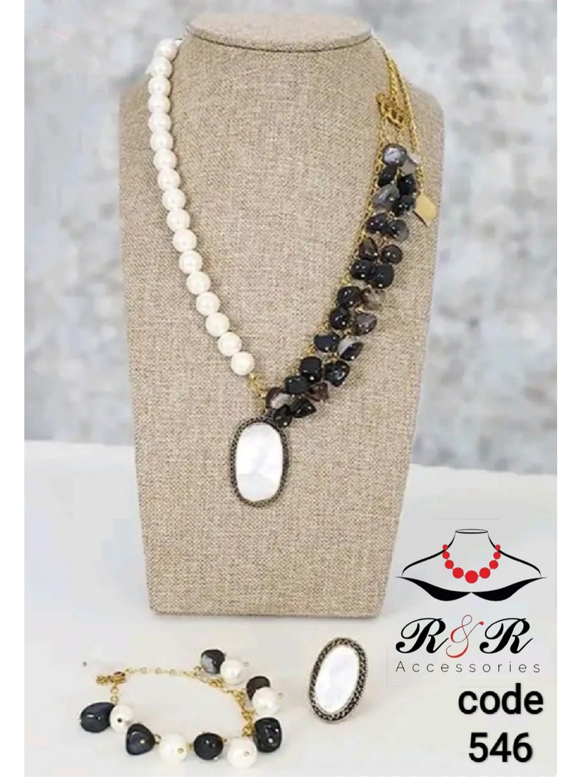 R&R A women's set made of broken agate, pearls, mother-of-pearl and copper - Image 1