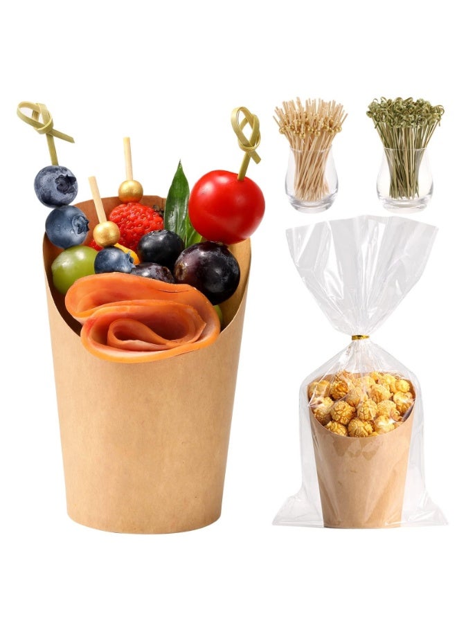 14 Oz Charcuterie Cups With Sticks & Bags, Paper Snack Appetizer Cups With Cocktail Picks, French Fry Holder Brown Kraft, Disposable Popcorn Cones Party Favor 58 Sets  - Image 1
