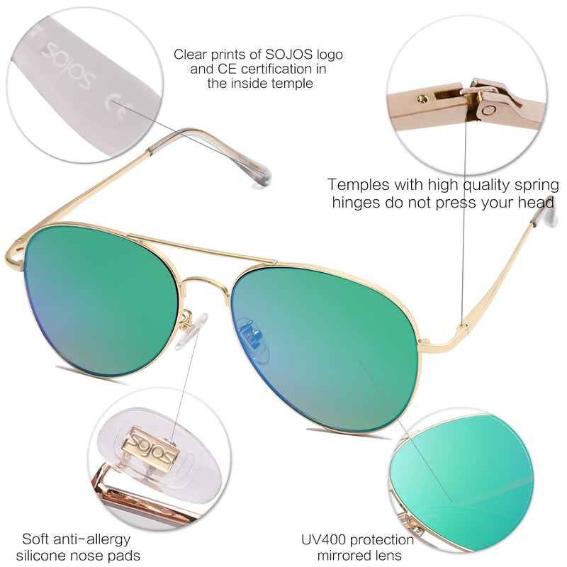 SOJOS Classic Aviator Sunglasses for Women Men Metal Frame Spring Hinges SJ1030, Gold/Greenish Blue - Image 5