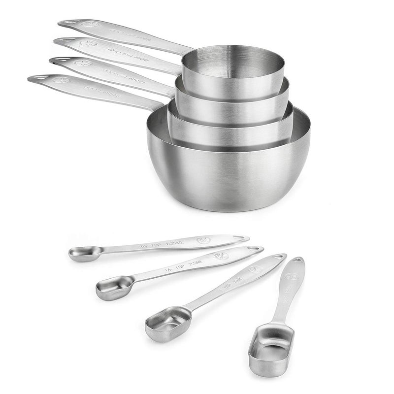 Measuring Cups and Spoons Set of 8 piece in 188 304 Stainless Steel Pan Shaped Measuring Cups and Narrow Measuring Spoons for Dry and Liquid Ingredients