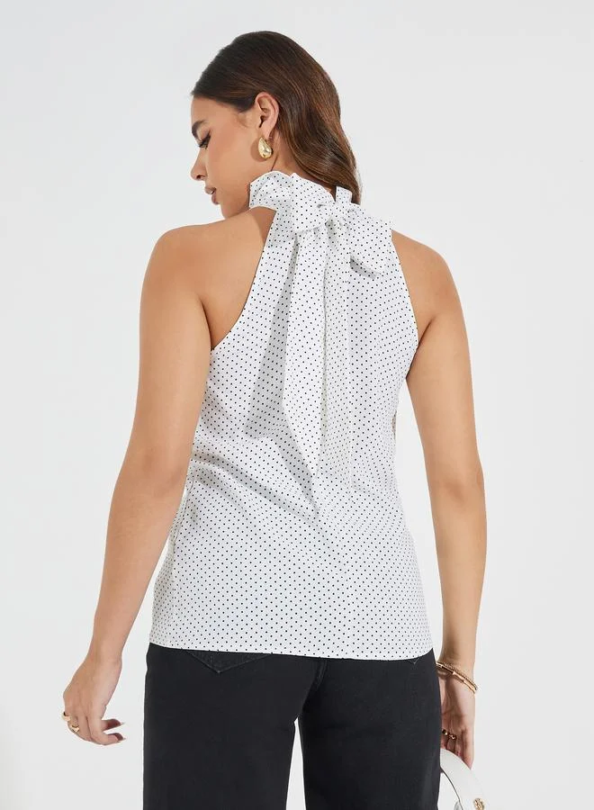 Styli Polka Print Halter Neck Top with Bow Tie Detail